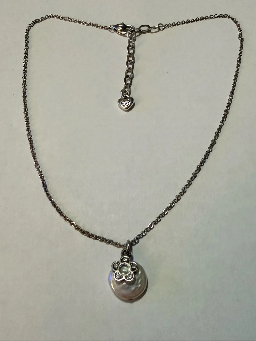 Brighton Silver Tone Chain Necklace White Pearl Flower Charm Crystal, Signed